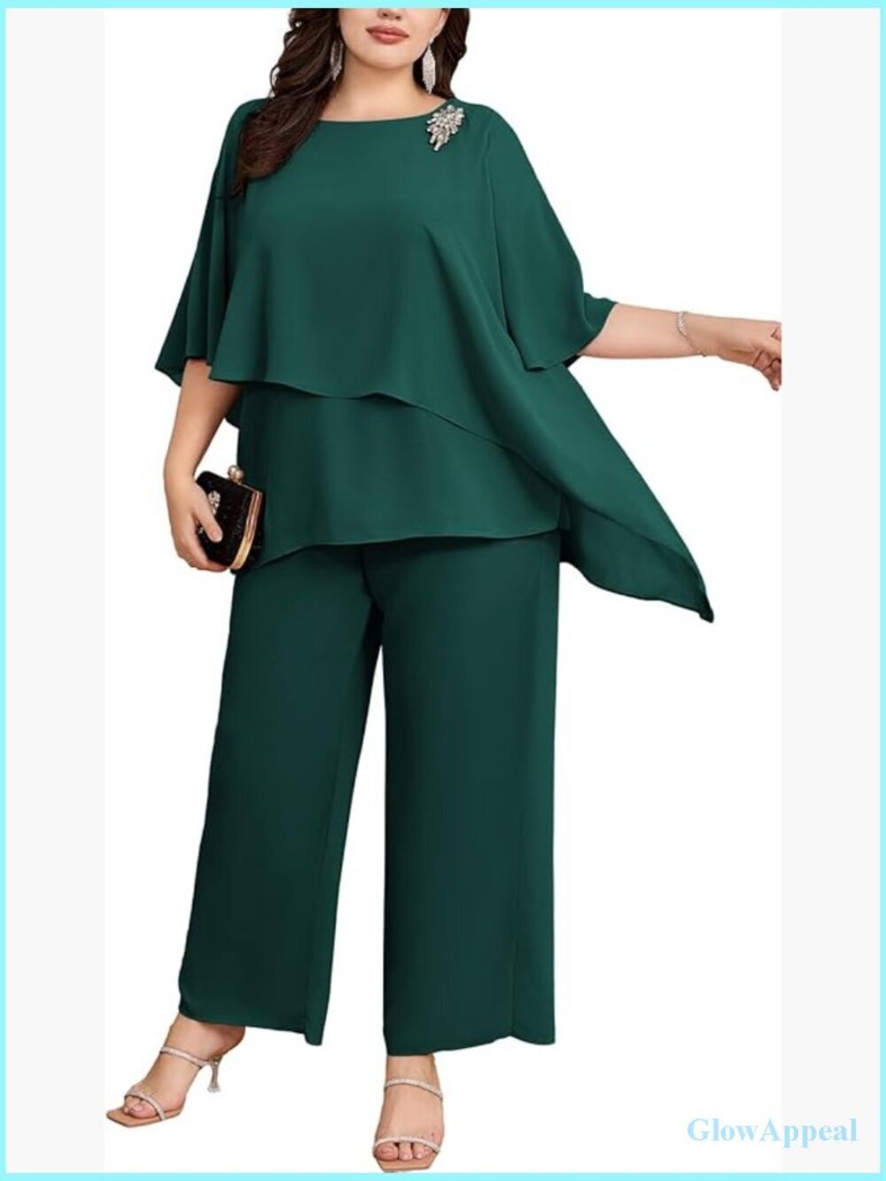Plus Size Mother of Bride 2 Piece Chiffon Pant Suit Ruffle Layers Wedding Guest